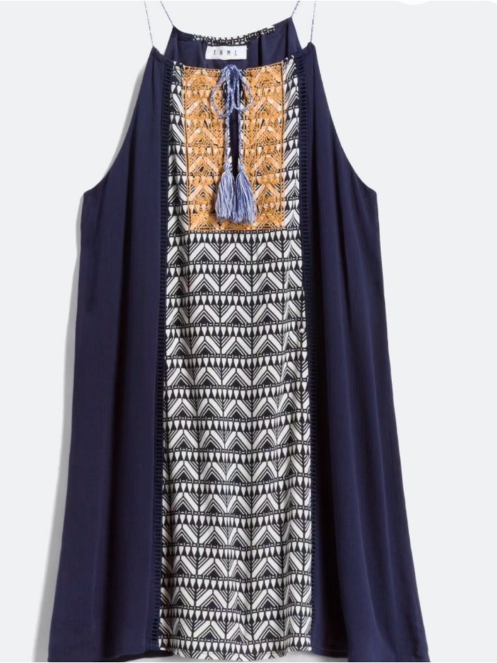 THML Embroidered Boho Dress Navy Geometric Tassel Tie Petite LP